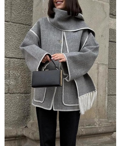 Womens Embroidered Tassel Scarf Jacket Long Sleeve Round Neck Casual Winter Coats with Pockets Grey $23.97 Jackets