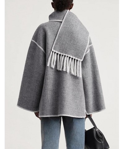 Womens Embroidered Tassel Scarf Jacket Long Sleeve Round Neck Casual Winter Coats with Pockets Grey $23.97 Jackets