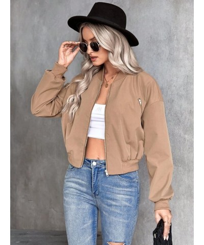 Women's Casual Drop Shoulder Long Sleeve Zip Up Bomber Jacket Outerwear Khaki $14.19 Jackets