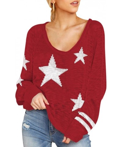 Women's Sexy Off Shoulder Star Oversized Sweater Casual Loose Scoop Neck Long Sleeve Pullover Knit Sweater Tunic Tops Red $20...