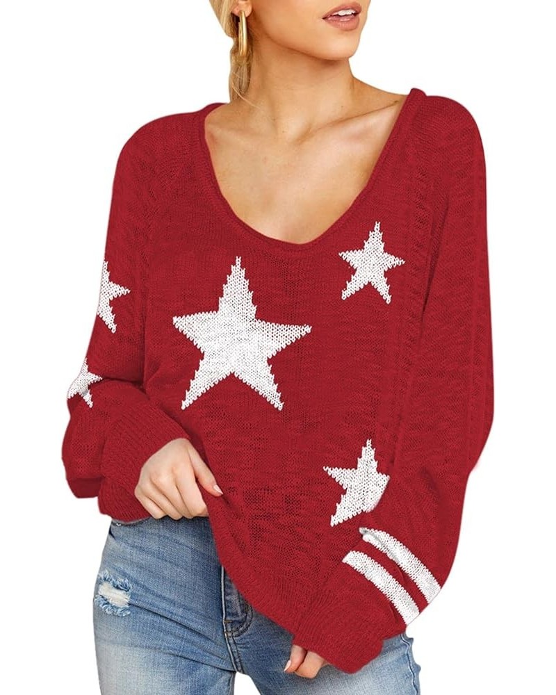 Women's Sexy Off Shoulder Star Oversized Sweater Casual Loose Scoop Neck Long Sleeve Pullover Knit Sweater Tunic Tops Red $20...