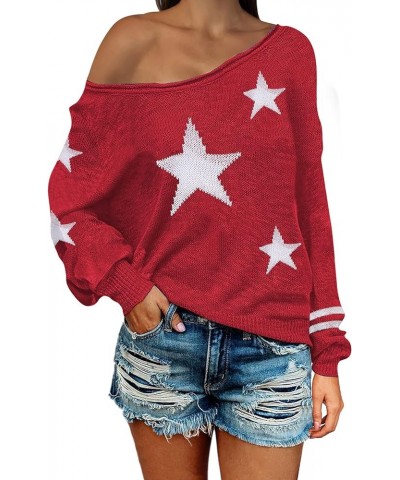 Women's Sexy Off Shoulder Star Oversized Sweater Casual Loose Scoop Neck Long Sleeve Pullover Knit Sweater Tunic Tops Red $20...