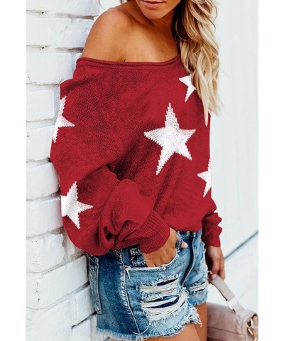 Women's Sexy Off Shoulder Star Oversized Sweater Casual Loose Scoop Neck Long Sleeve Pullover Knit Sweater Tunic Tops Red $20...