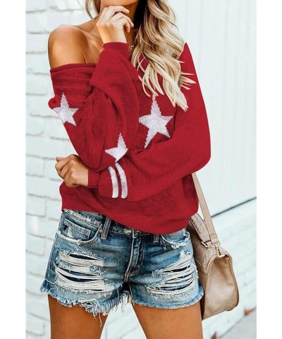 Women's Sexy Off Shoulder Star Oversized Sweater Casual Loose Scoop Neck Long Sleeve Pullover Knit Sweater Tunic Tops Red $20...