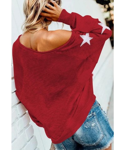 Women's Sexy Off Shoulder Star Oversized Sweater Casual Loose Scoop Neck Long Sleeve Pullover Knit Sweater Tunic Tops Red $20...