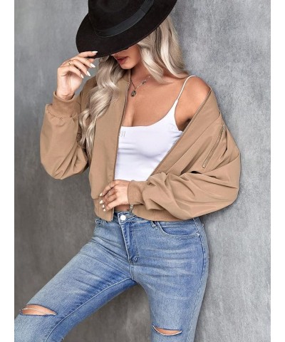 Women's Casual Drop Shoulder Long Sleeve Zip Up Bomber Jacket Outerwear Khaki $14.19 Jackets