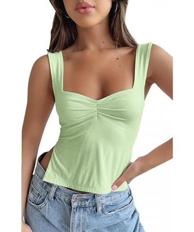 Women's Sleeveless Slim Fit Crop Tank Top Sexy Pleated Bustier Low Cut Neck Backless Strappy Slits Cropped Tank Lightgreen $1...