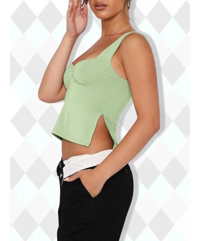 Women's Sleeveless Slim Fit Crop Tank Top Sexy Pleated Bustier Low Cut Neck Backless Strappy Slits Cropped Tank Lightgreen $1...