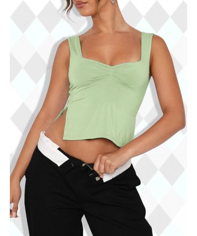 Women's Sleeveless Slim Fit Crop Tank Top Sexy Pleated Bustier Low Cut Neck Backless Strappy Slits Cropped Tank Lightgreen $1...