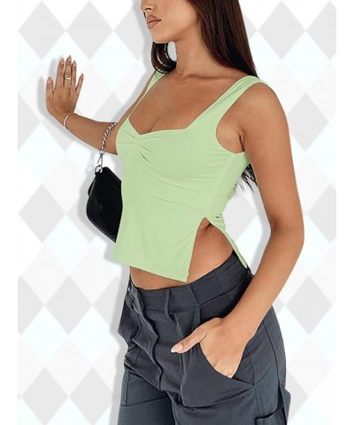 Women's Sleeveless Slim Fit Crop Tank Top Sexy Pleated Bustier Low Cut Neck Backless Strappy Slits Cropped Tank Lightgreen $1...