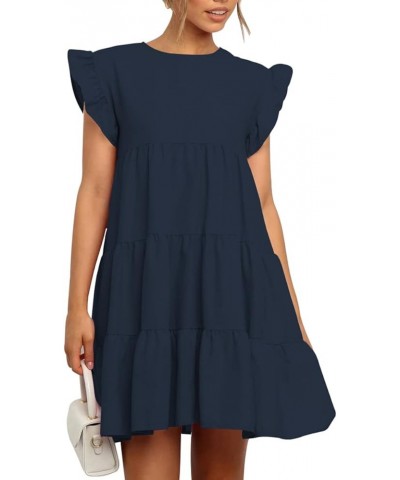 Women Babydoll Summer Casual Crew Neck Ruffle Sleeve Sleeveless Flowy Mini Short Tunic Dress Navy-blue $16.40 Dresses