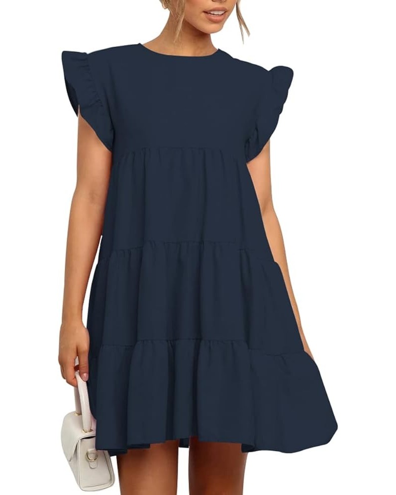 Women Babydoll Summer Casual Crew Neck Ruffle Sleeve Sleeveless Flowy Mini Short Tunic Dress Navy-blue $16.40 Dresses