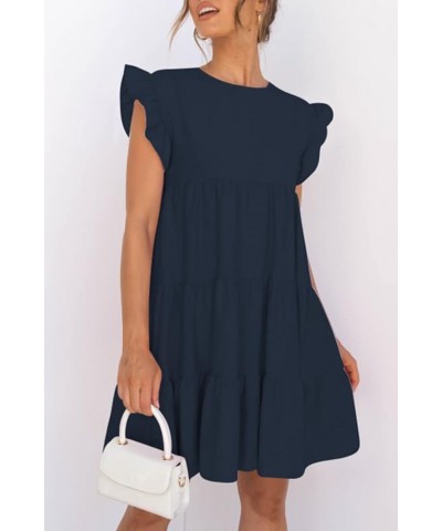 Women Babydoll Summer Casual Crew Neck Ruffle Sleeve Sleeveless Flowy Mini Short Tunic Dress Navy-blue $16.40 Dresses