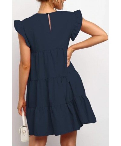 Women Babydoll Summer Casual Crew Neck Ruffle Sleeve Sleeveless Flowy Mini Short Tunic Dress Navy-blue $16.40 Dresses