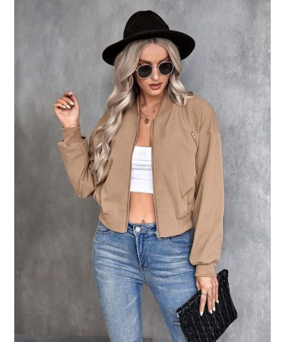 Women's Casual Drop Shoulder Long Sleeve Zip Up Bomber Jacket Outerwear Khaki $14.19 Jackets