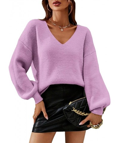 Women's Solid V Neck Drop Shoulder Sweater Long Sleeve Knitted Pullover Casual Tops Lilac Purple $16.80 Sweaters