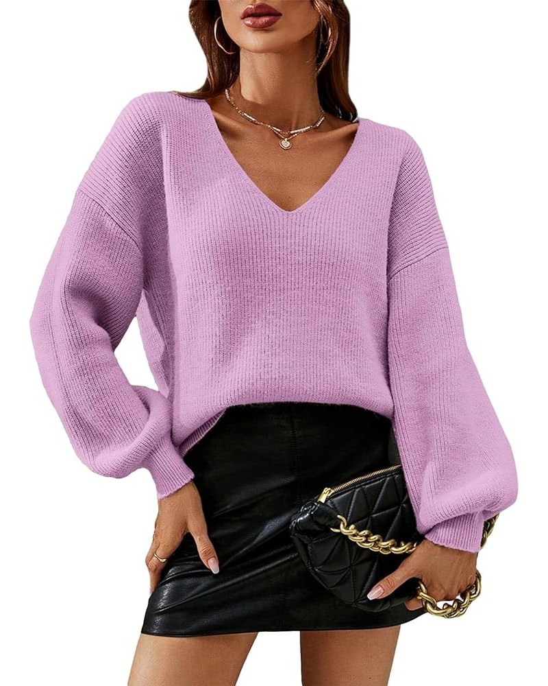 Women's Solid V Neck Drop Shoulder Sweater Long Sleeve Knitted Pullover Casual Tops Lilac Purple $16.80 Sweaters