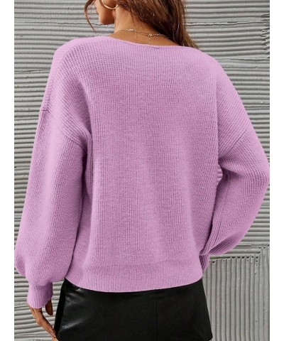 Women's Solid V Neck Drop Shoulder Sweater Long Sleeve Knitted Pullover Casual Tops Lilac Purple $16.80 Sweaters