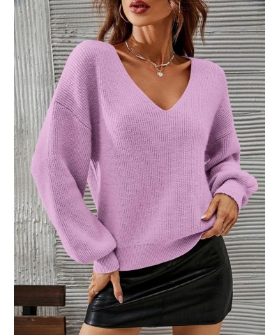 Women's Solid V Neck Drop Shoulder Sweater Long Sleeve Knitted Pullover Casual Tops Lilac Purple $16.80 Sweaters