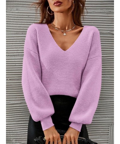 Women's Solid V Neck Drop Shoulder Sweater Long Sleeve Knitted Pullover Casual Tops Lilac Purple $16.80 Sweaters