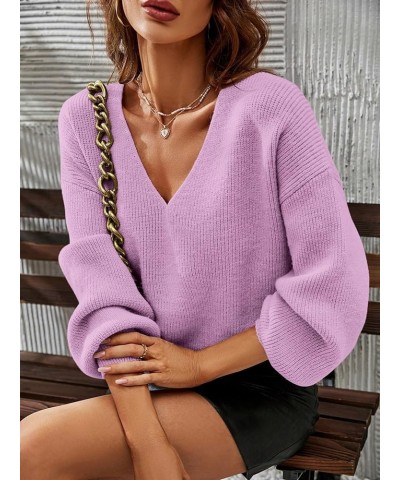 Women's Solid V Neck Drop Shoulder Sweater Long Sleeve Knitted Pullover Casual Tops Lilac Purple $16.80 Sweaters