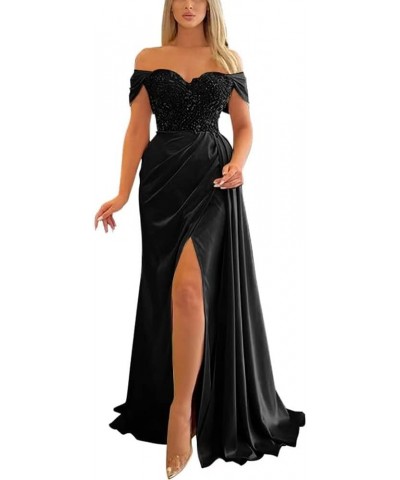 Mermaid Prom Dress Off Shoulder Pleated Satin Beaded Slit Formal Dress Floor Length V Neck Formal Evening Gowns SY66 Black $4...