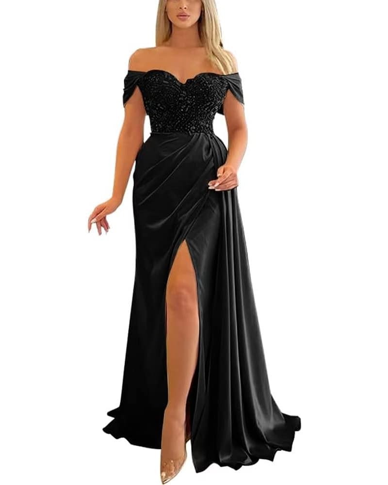 Mermaid Prom Dress Off Shoulder Pleated Satin Beaded Slit Formal Dress Floor Length V Neck Formal Evening Gowns SY66 Black $4...