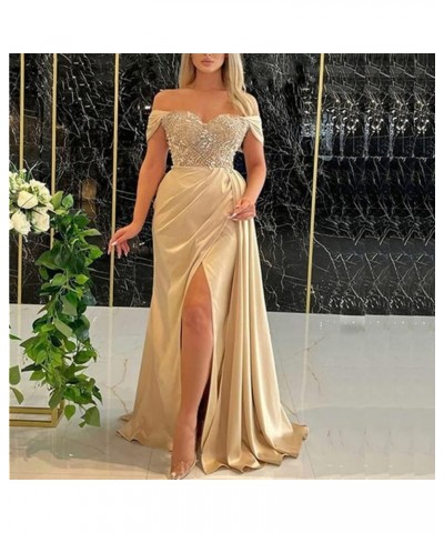 Mermaid Prom Dress Off Shoulder Pleated Satin Beaded Slit Formal Dress Floor Length V Neck Formal Evening Gowns SY66 Black $4...