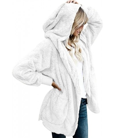 Womens Fuzzy Fleece Jacket Solid Open Front Hooded Cardigan Coats Outwear with Pockets Beige $18.92 Jackets