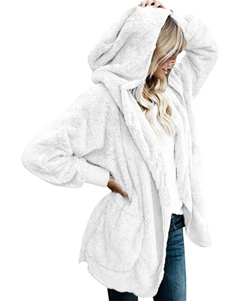 Womens Fuzzy Fleece Jacket Solid Open Front Hooded Cardigan Coats Outwear with Pockets Beige $18.92 Jackets