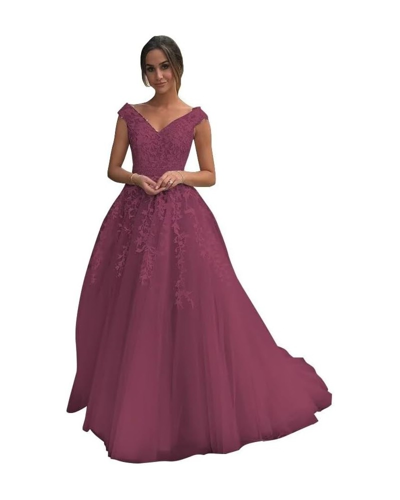 V Neck Quinceanera Dress Ball Gown Cap Sleeve Lace Appliques Tulle Prom Dresses Raspberry $38.25 Dresses