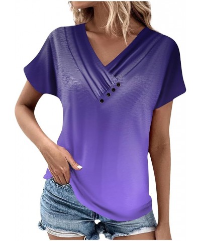 Ladies Tops and Blouses, Women's Fashion Casual V-Neck Short Sleeve T-Shirt Pleated Printed Button-Up 4-purple $9.79 Blouses