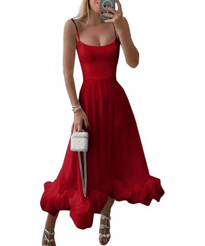 Women's Spaghetti Strap Sleeveless Ruffle Hem Flowy Elegant Midi Long Dress Wine Red $27.29 Dresses