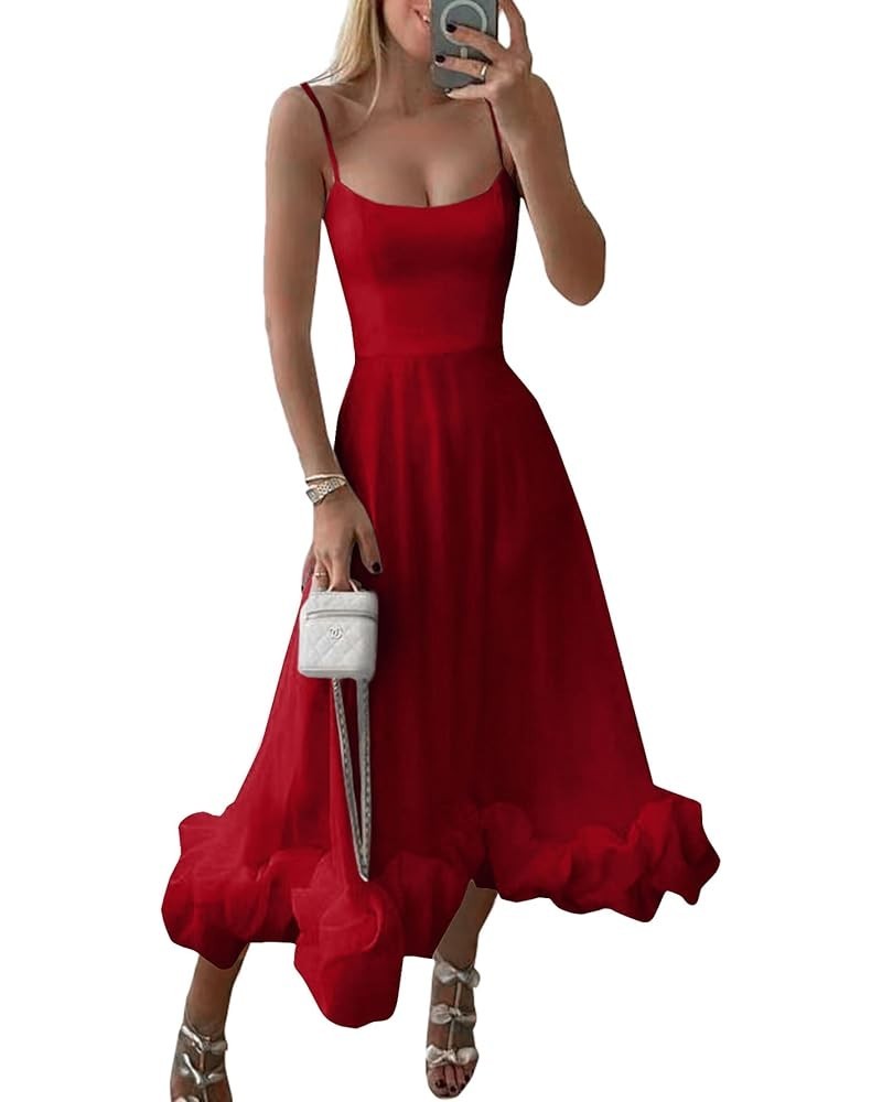 Women's Spaghetti Strap Sleeveless Ruffle Hem Flowy Elegant Midi Long Dress Wine Red $27.29 Dresses