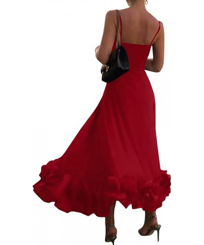 Women's Spaghetti Strap Sleeveless Ruffle Hem Flowy Elegant Midi Long Dress Wine Red $27.29 Dresses