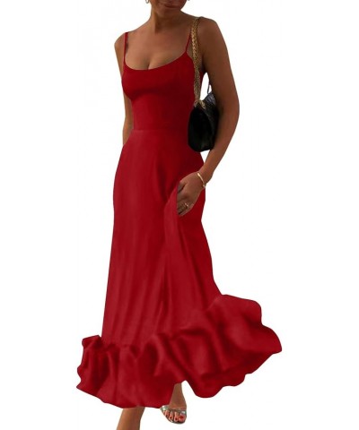 Women's Spaghetti Strap Sleeveless Ruffle Hem Flowy Elegant Midi Long Dress Wine Red $27.29 Dresses