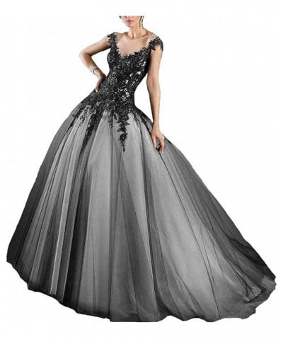 Women Gothic Dropped Ball Gown Wedding Dress Long Black Lace Prom Dress Scoop Silver $63.48 Dresses