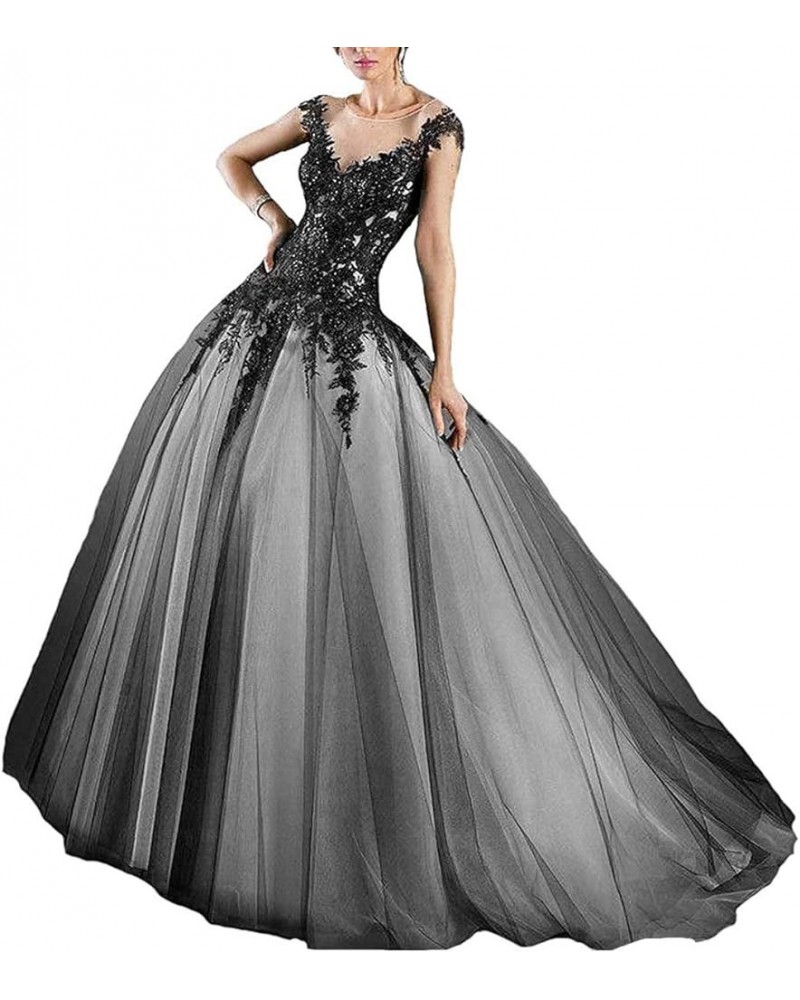 Women Gothic Dropped Ball Gown Wedding Dress Long Black Lace Prom Dress Scoop Silver $63.48 Dresses