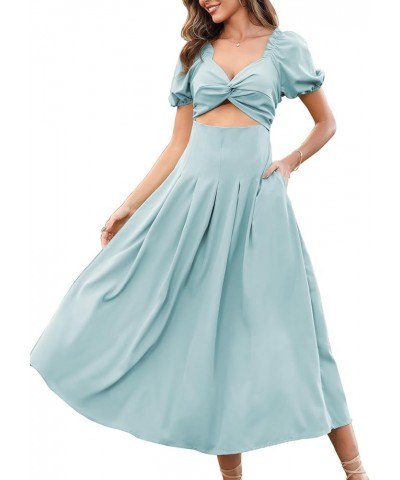 Womens Wedding Guest Dresses Short Puffy Sleeve Midi Dresses with Pockets Blue $23.84 Dresses