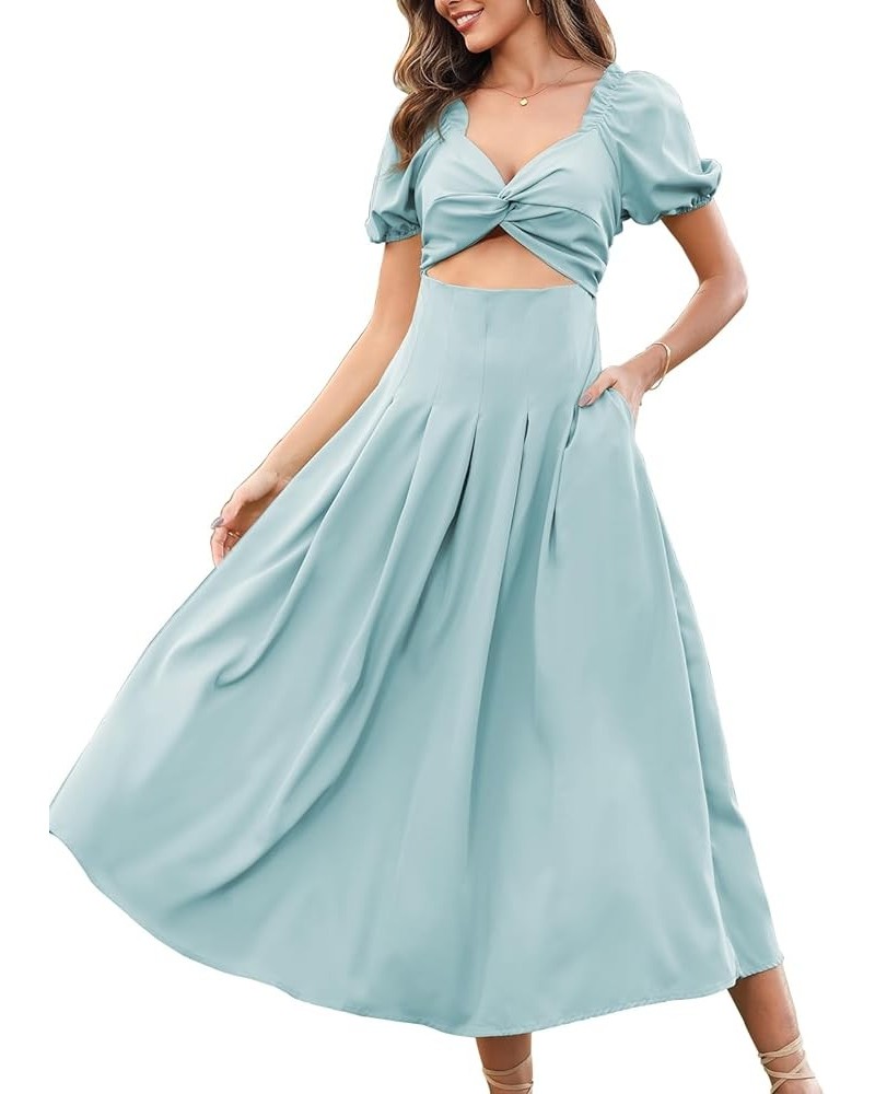 Womens Wedding Guest Dresses Short Puffy Sleeve Midi Dresses with Pockets Blue $23.84 Dresses