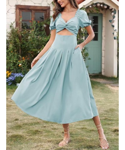 Womens Wedding Guest Dresses Short Puffy Sleeve Midi Dresses with Pockets Blue $23.84 Dresses