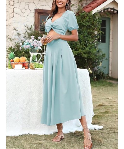 Womens Wedding Guest Dresses Short Puffy Sleeve Midi Dresses with Pockets Blue $23.84 Dresses