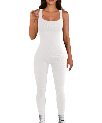 Women Yoga Rompers Sleeveless Workout Ribbed Square Neck Long Sport Tank Bodycon Jumpsuits White $9.17 Jumpsuits