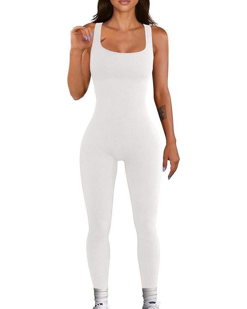 Women Yoga Rompers Sleeveless Workout Ribbed Square Neck Long Sport Tank Bodycon Jumpsuits White $9.17 Jumpsuits