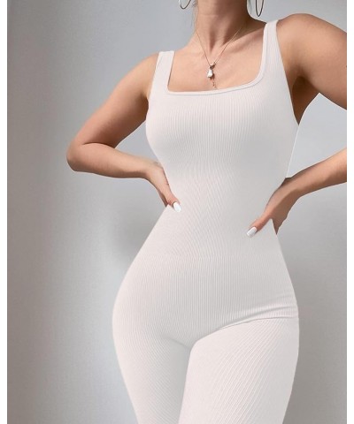 Women Yoga Rompers Sleeveless Workout Ribbed Square Neck Long Sport Tank Bodycon Jumpsuits White $9.17 Jumpsuits