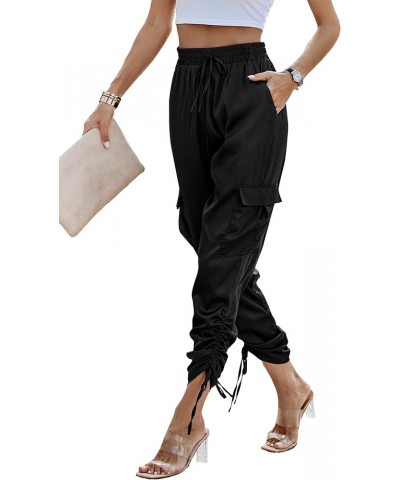 Women's Satin Jogger Pants Casual High Waist Long Lounge Pant Trousers with Pockets Z_black $25.19 Sleep & Lounge