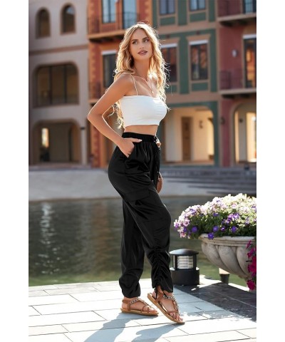 Women's Satin Jogger Pants Casual High Waist Long Lounge Pant Trousers with Pockets Z_black $25.19 Sleep & Lounge