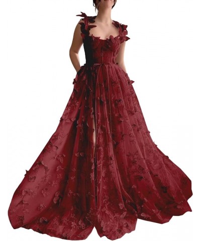 Women's Long 3D Butterfly Prom Dress Floor-Length Lace Applique Formal Evening Tulle Party Gowns Burgundy $38.13 Dresses