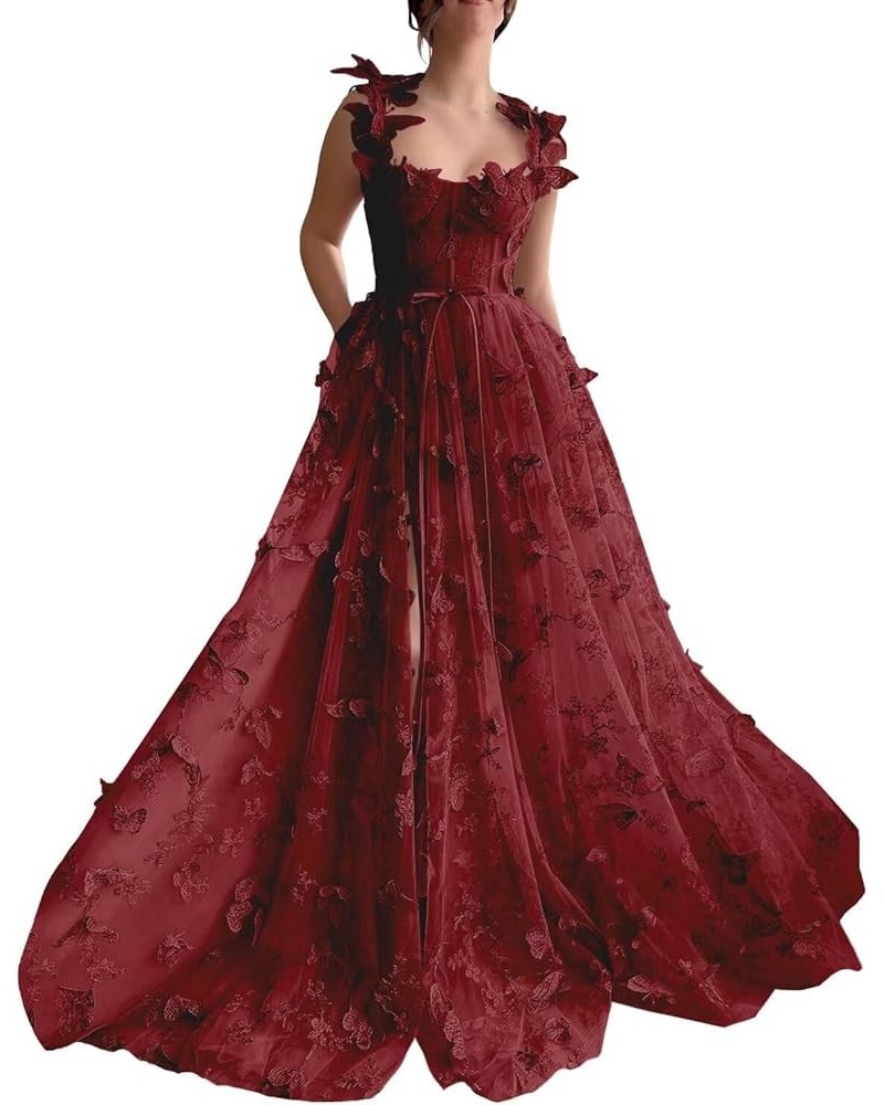 Women's Long 3D Butterfly Prom Dress Floor-Length Lace Applique Formal Evening Tulle Party Gowns Burgundy $38.13 Dresses