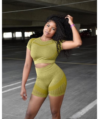 Women's Workout Set 2 piece Seamless High Waisted Active Yoga Shorts Running Gym Outfits Clothes Yellow $13.23 Activewear